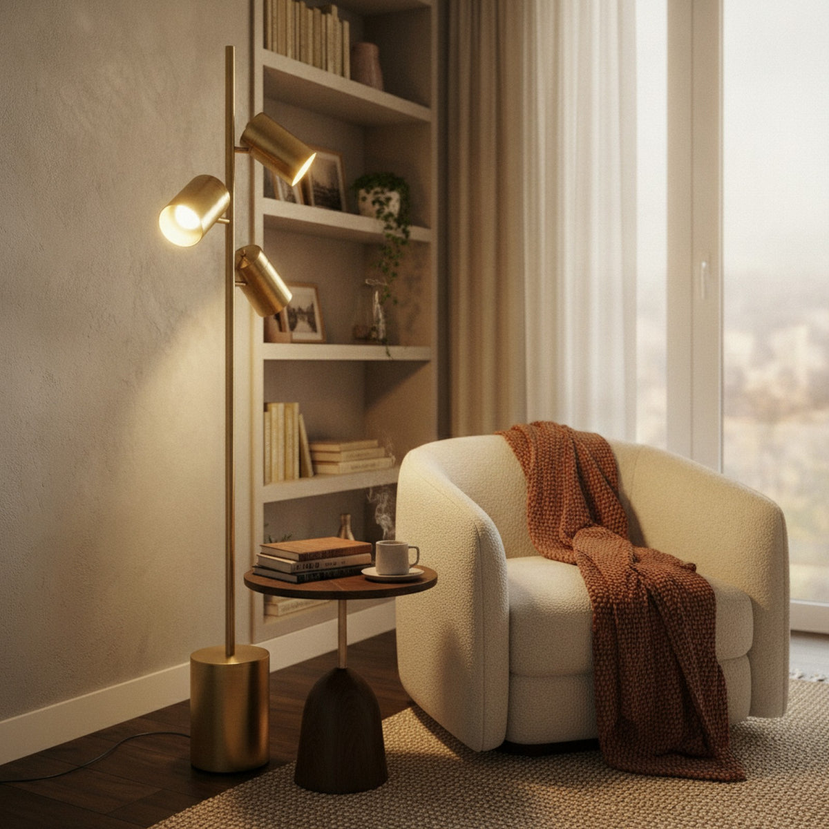 Harmony Brassed Gold Floor Lamp with Rotary Switch Triple Sp — styled in a Maison Bruxelle interior