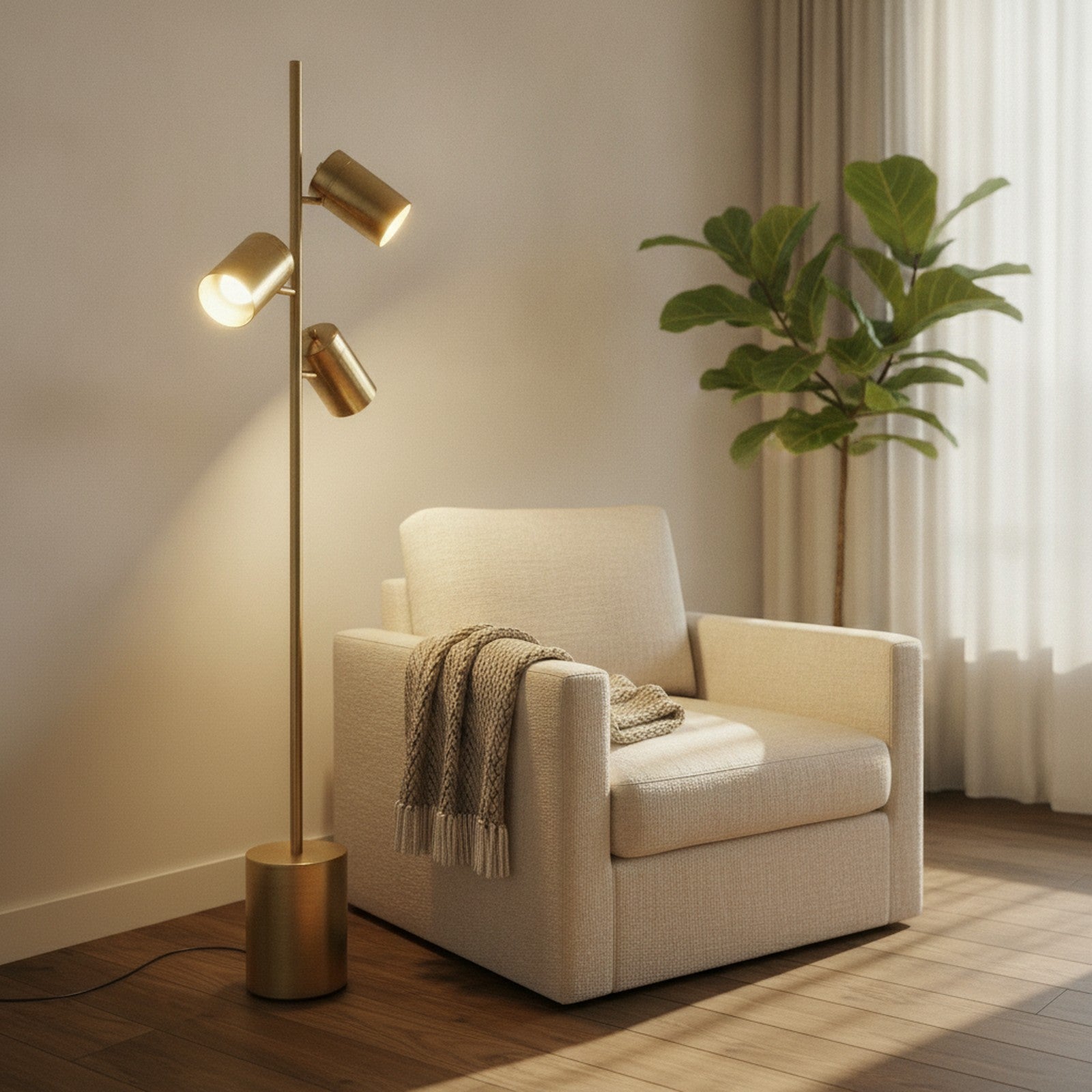 Harmony Brassed Gold Floor Lamp with Rotary Switch Triple Sp — styled — Maison Bruxelle