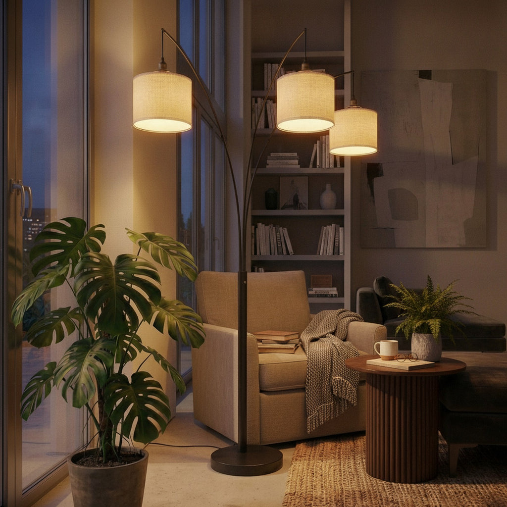Royal 3-Arm Metal Arc Floor Lamp, Oil Rubbed Bonze with Line — styled in a Maison Bruxelle interior
