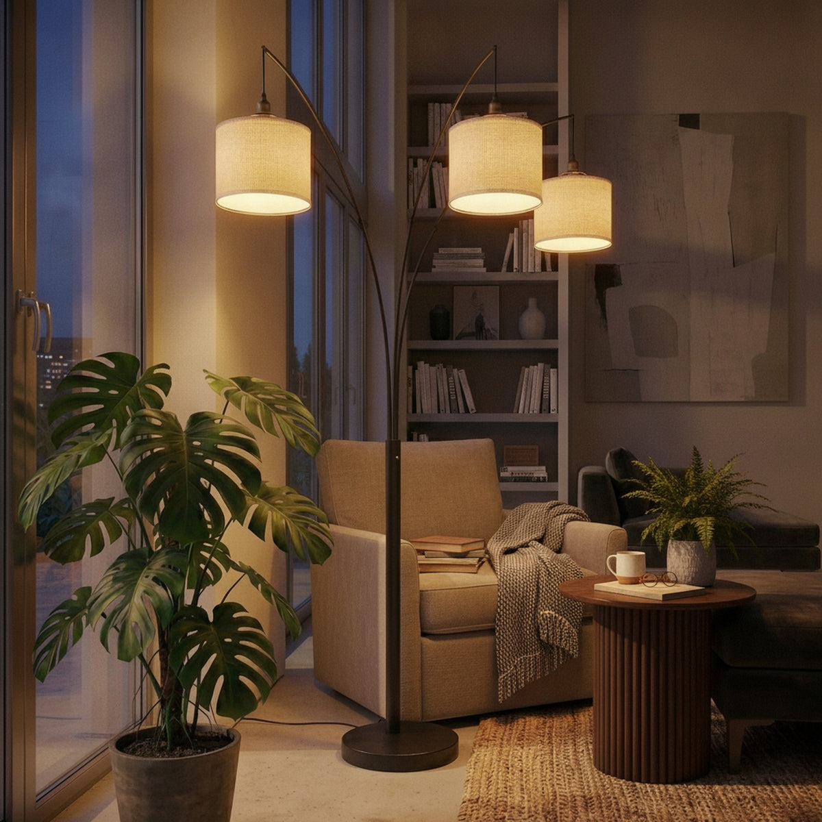 Royal 3-Arm Metal Arc Floor Lamp, Oil Rubbed Bonze with Line — styled in a Maison Bruxelle interior