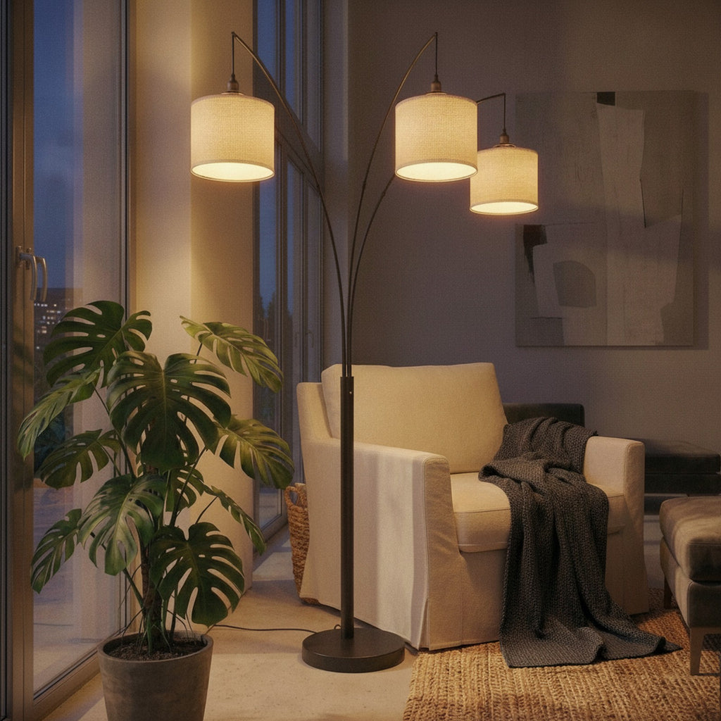 Royal 3-Arm Metal Arc Floor Lamp, Oil Rubbed Bonze with Line — styled — Maison Bruxelle