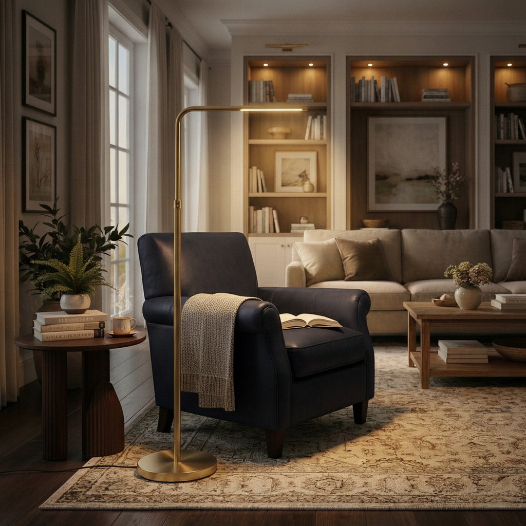 Verve Brassed Gold Floor Lamp with On/Off Switch Adjustable  — styled in a Maison Bruxelle interior