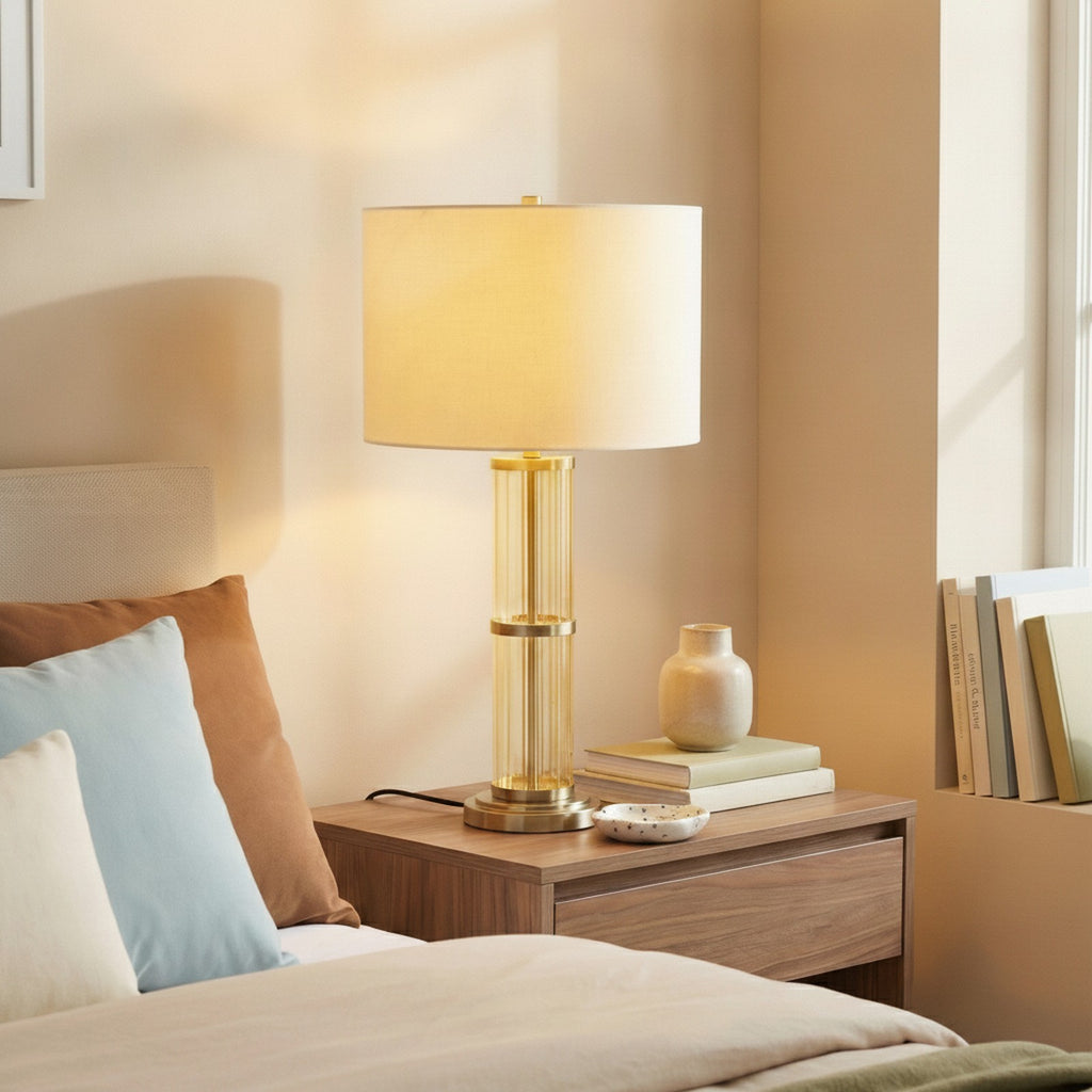 Echo Brushed Nickel Table Lamp with On/Off Switch Clear Glas — styled in a Maison Bruxelle interior