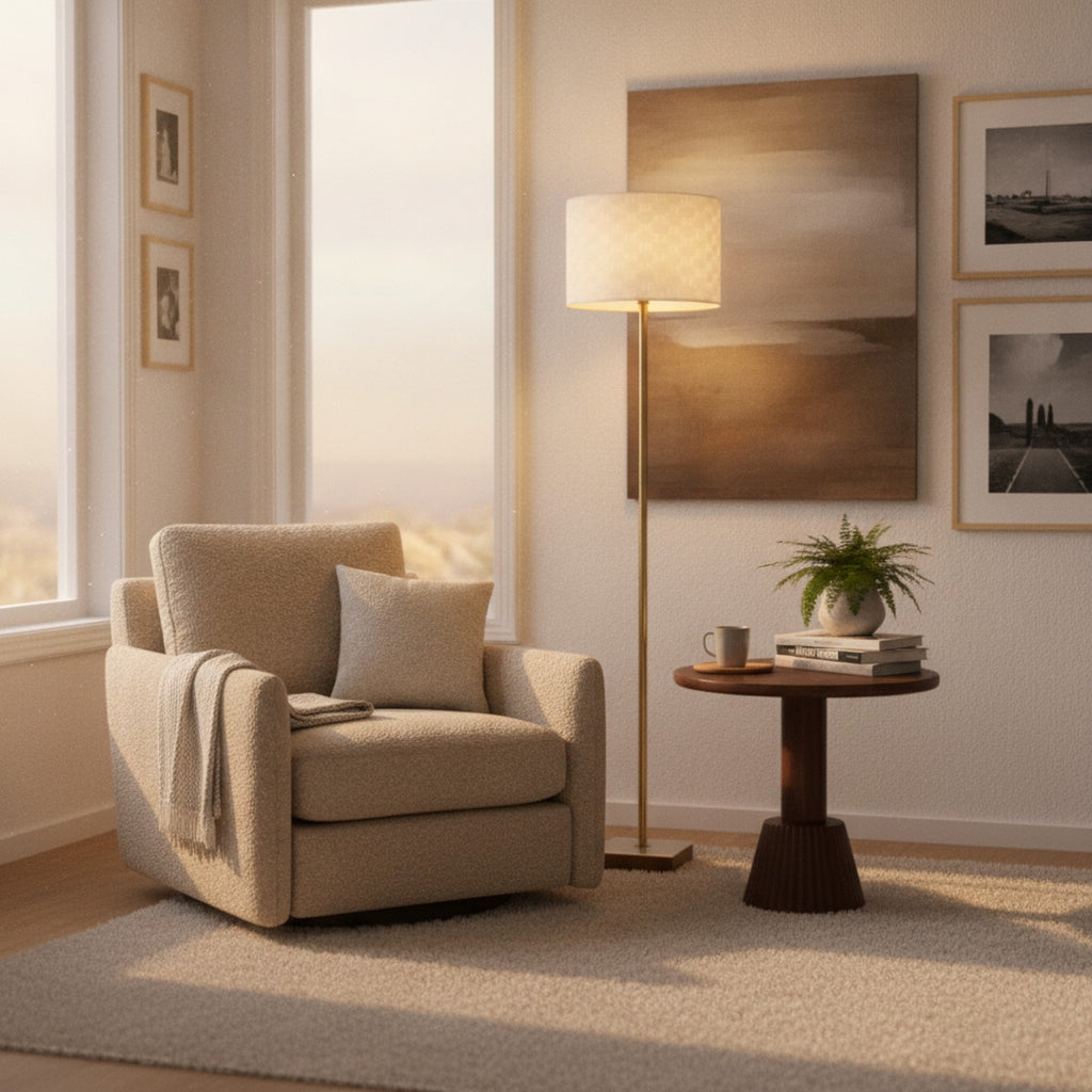 Minimalist Floor Lamp, Slim Standing Light with Neutral Shad — styled in a Maison Bruxelle interior
