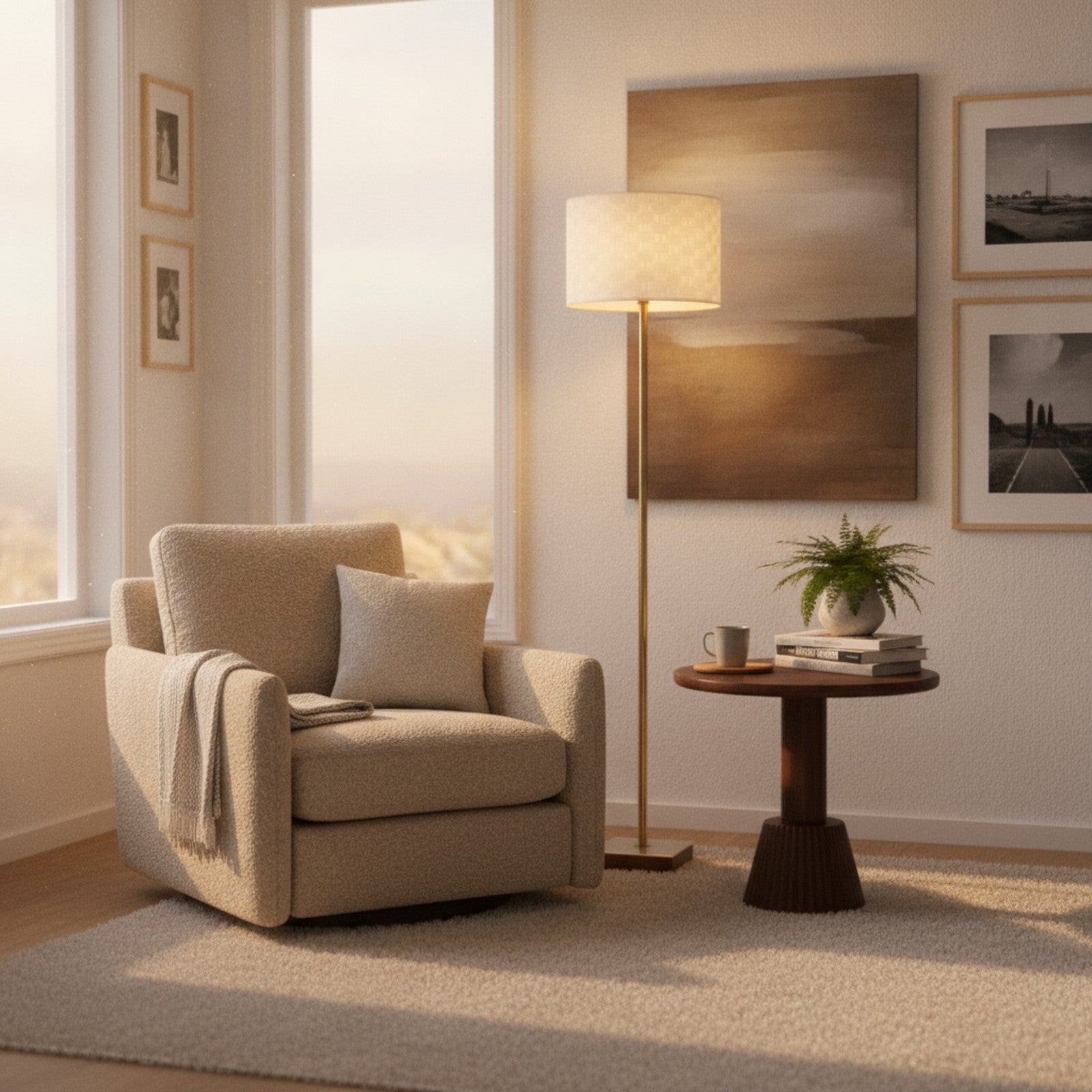 Minimalist Floor Lamp, Slim Standing Light with Neutral Shad — styled in a Maison Bruxelle interior
