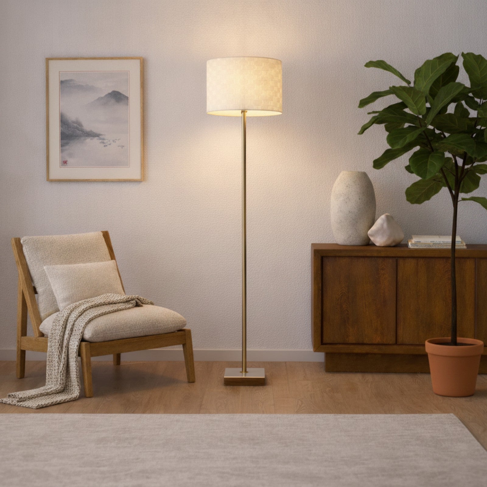Minimalist Floor Lamp, Slim Standing Light with Neutral Shad — styled — Maison Bruxelle