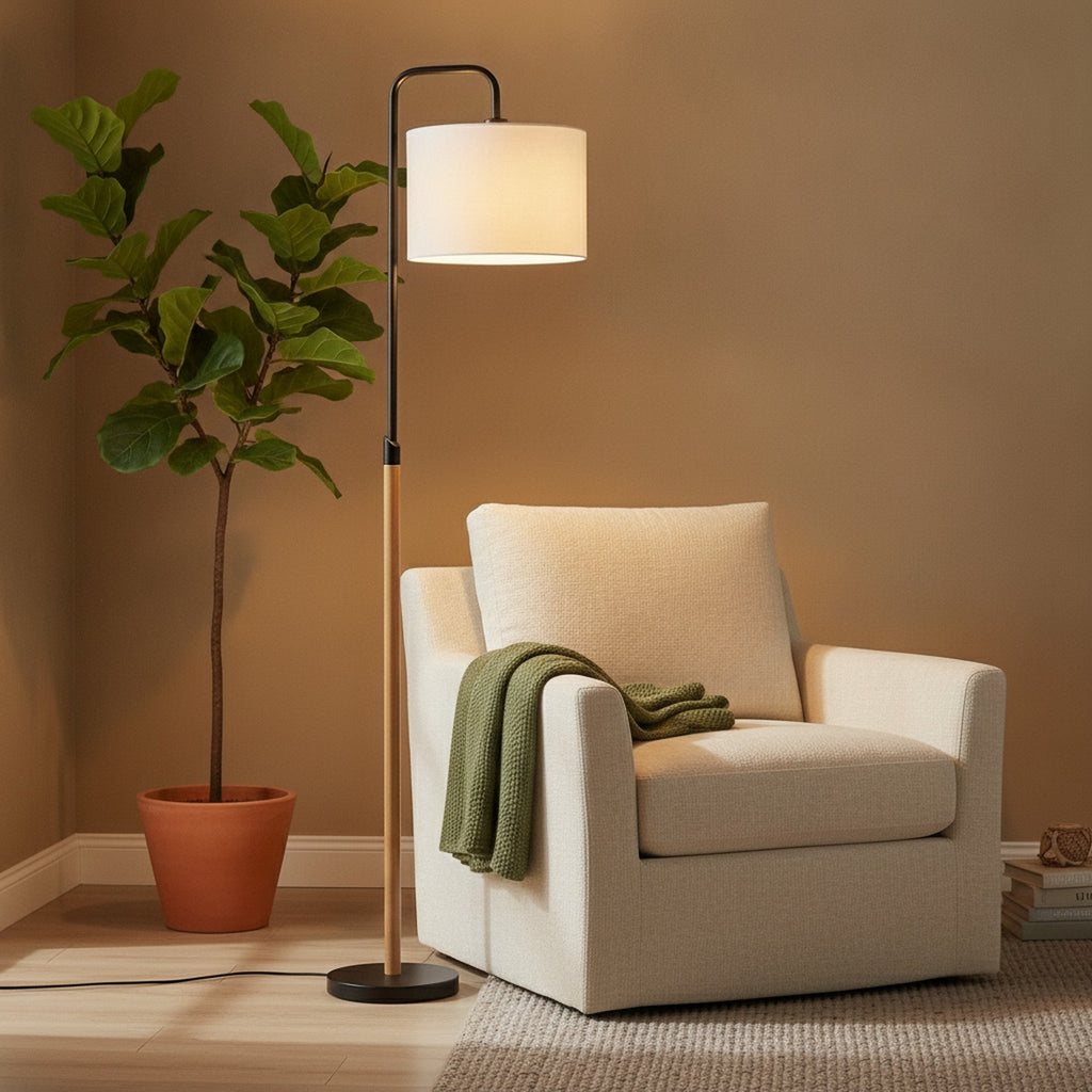 Arc Floor Lamp with Cylinder Shade, Curved Standing Light fo — styled — Maison Bruxelle
