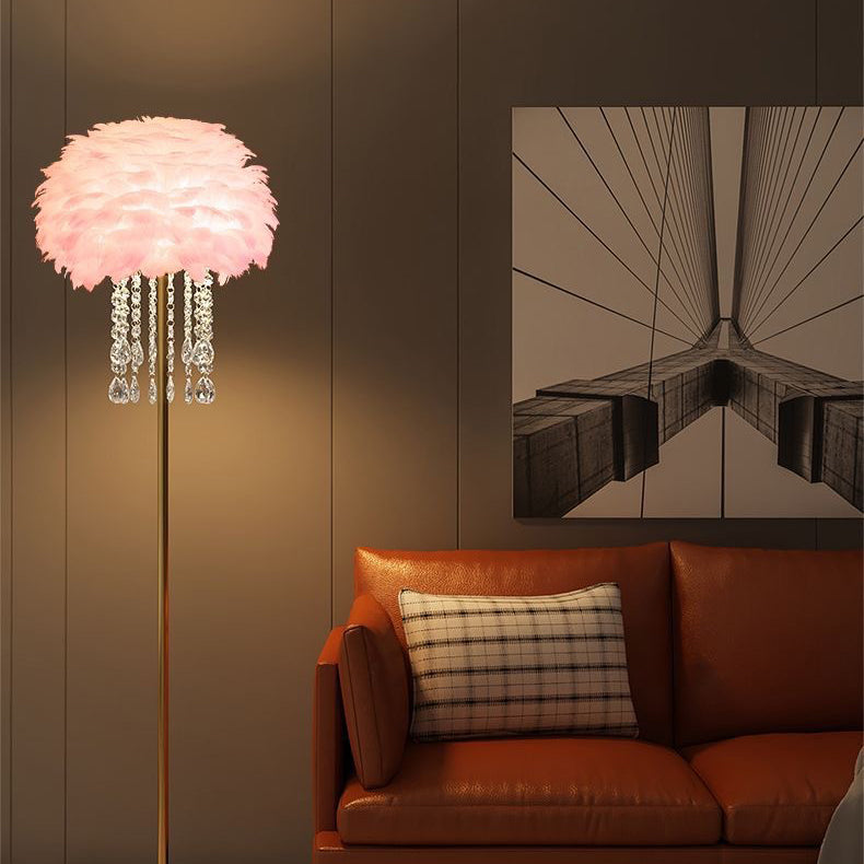Nordic Floor Lamp with Feather and Crystal Lampshade