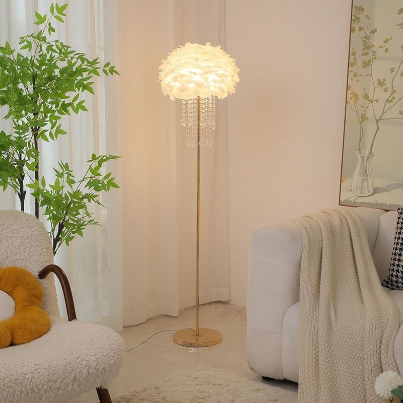 Nordic Floor Lamp with Feather and Crystal Lampshade