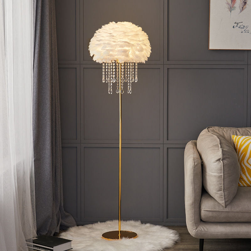 Nordic Floor Lamp with Feather and Crystal Lampshade
