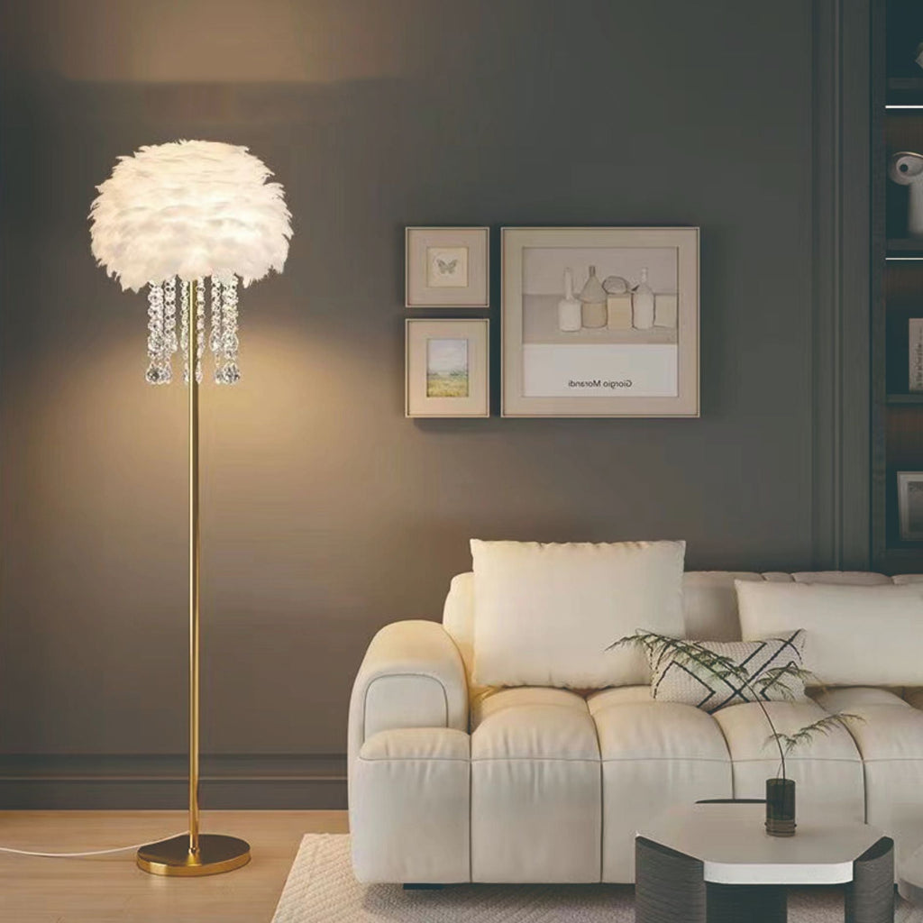Nordic Floor Lamp with Feather and Crystal Lampshade