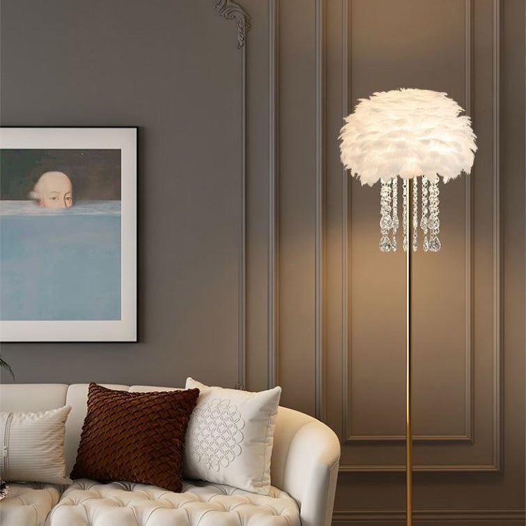 Nordic Floor Lamp with Feather and Crystal Lampshade