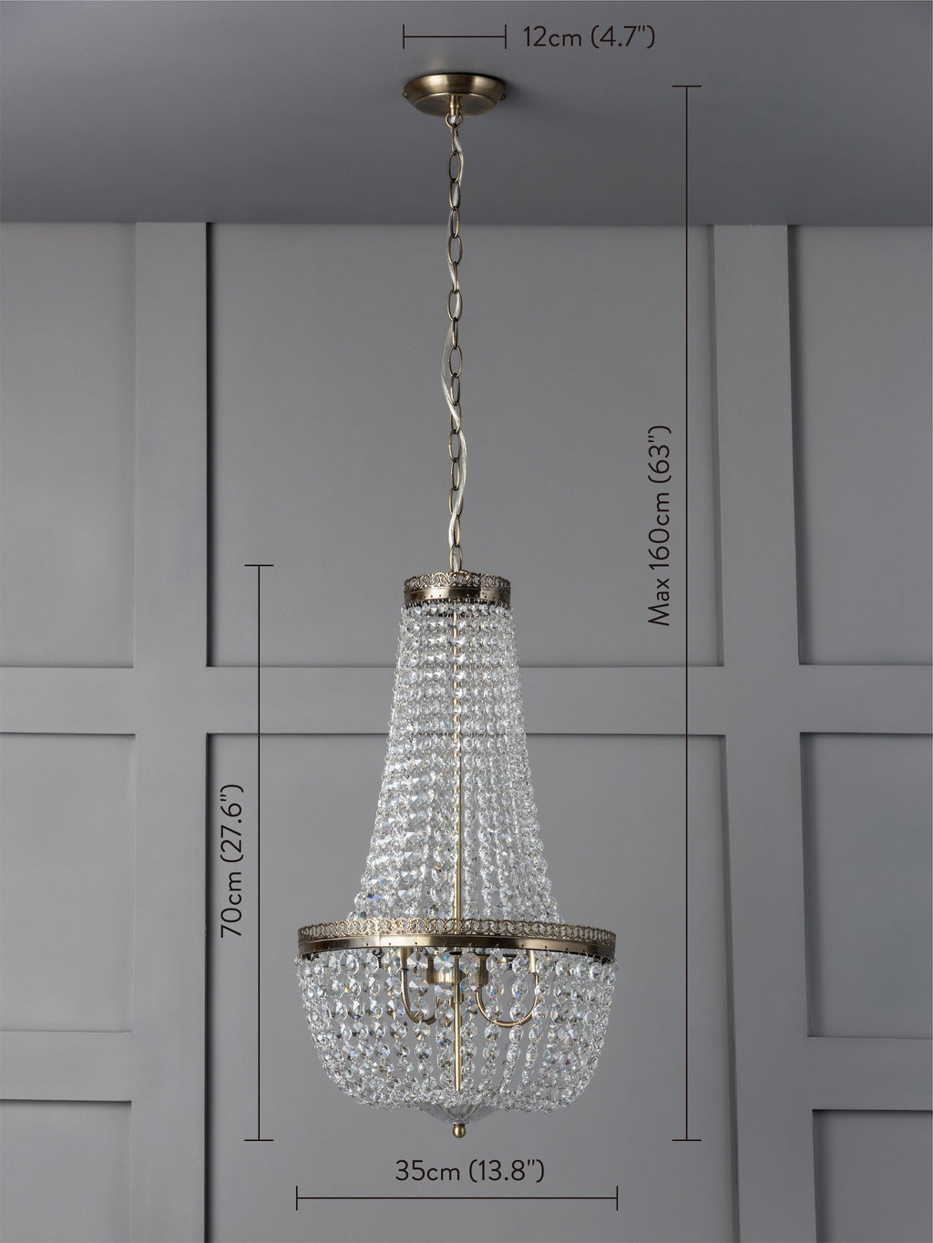 Pioni - Crystal Chandelier with 3 Lights in Antique Brass
