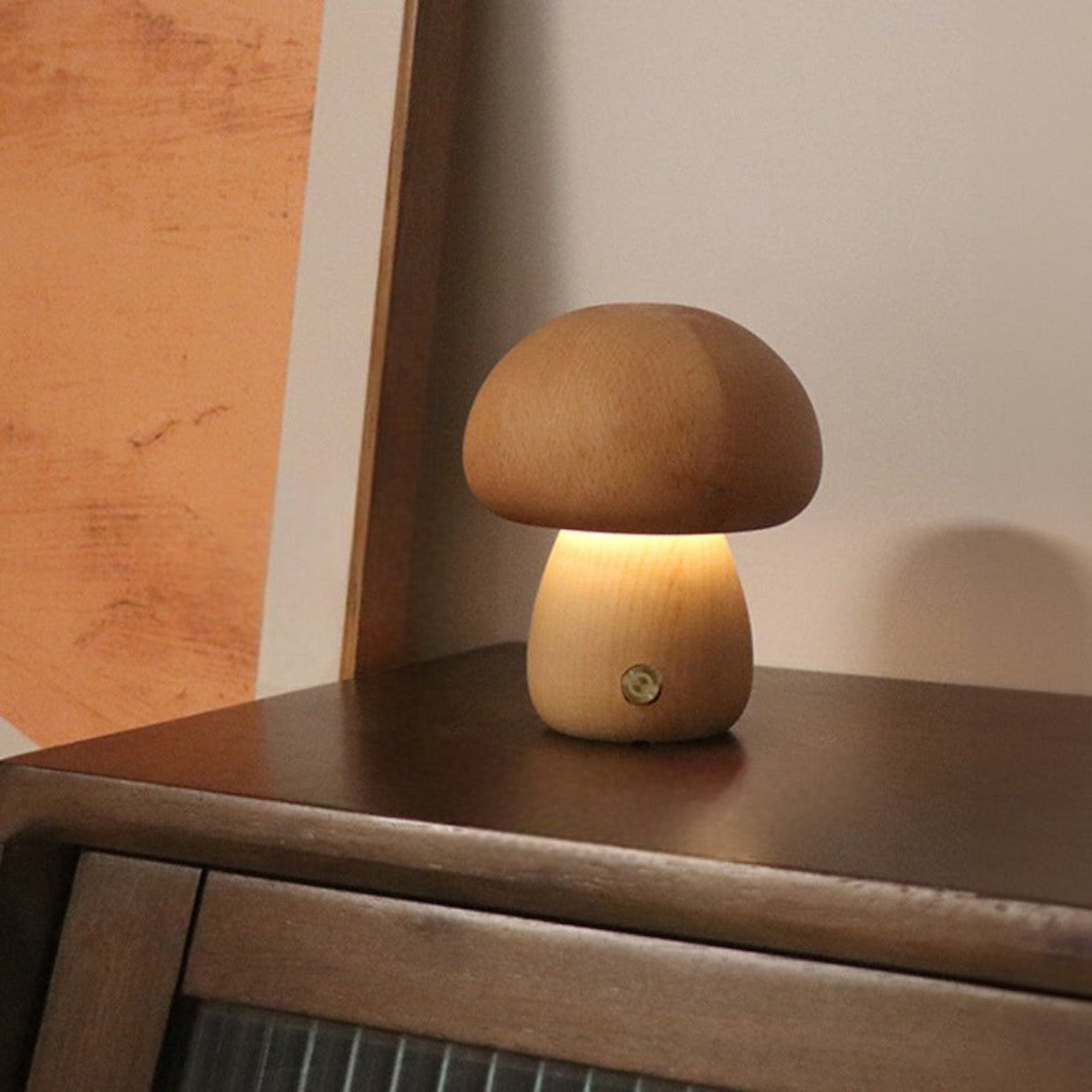 Rechargeable Table Lamp with Wooden Mushrooms