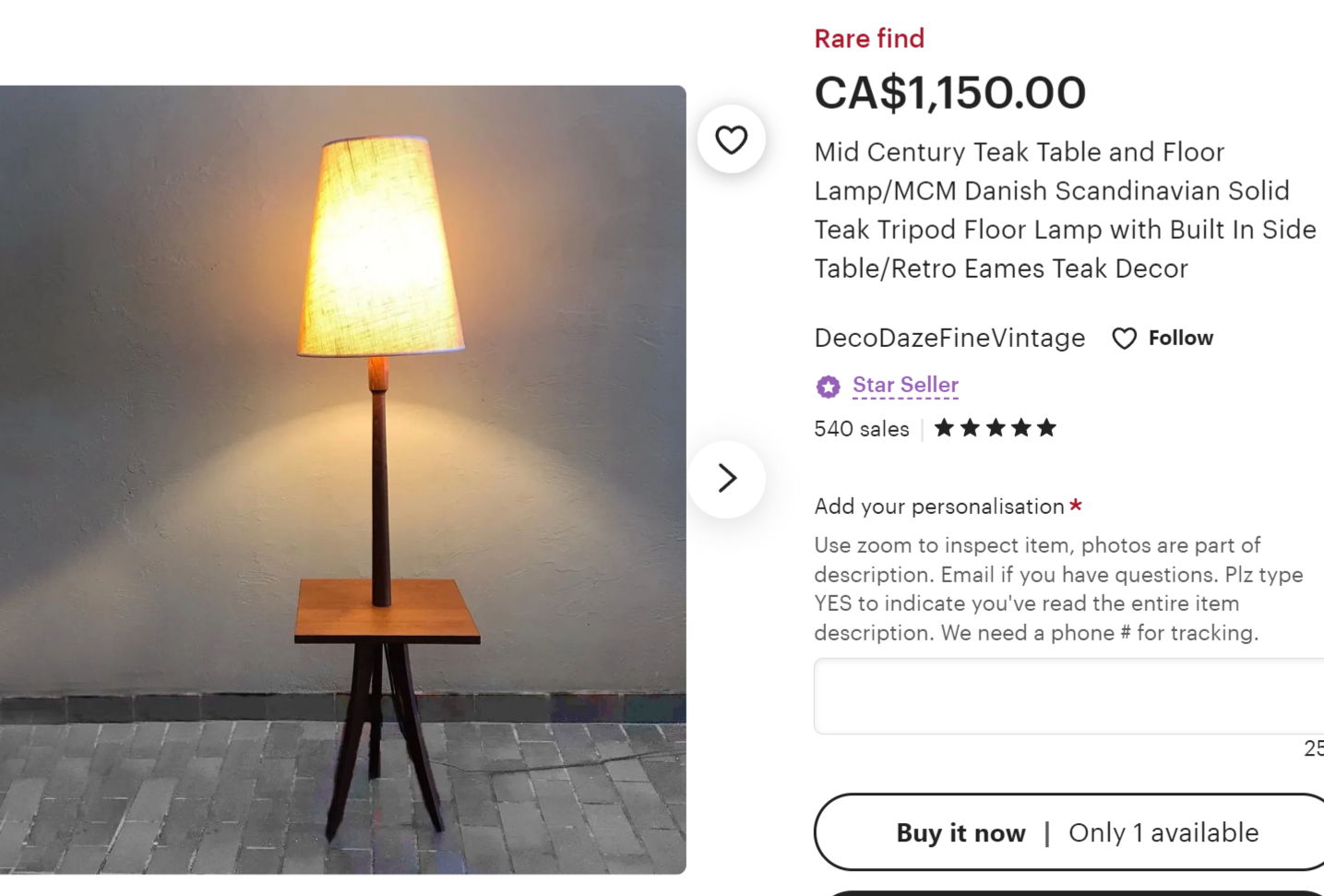 Mid Century Modern Teak Wood Floor Lamp with Built-in Tripod Table, RESTORED