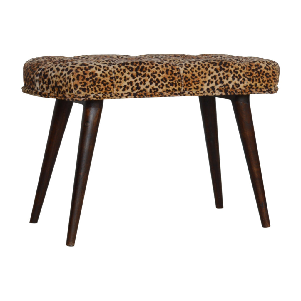 Leopard Print Velvet Bench with Walnut Mango Wood Legs — Deep-Button Bedroom Bench | Namur