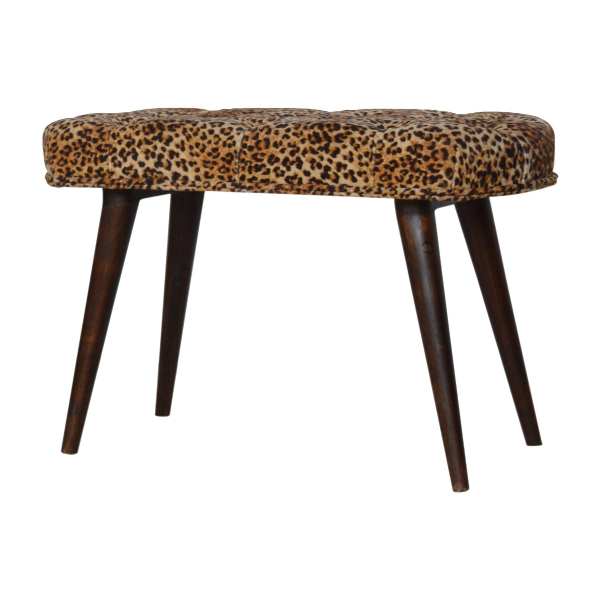 Leopard Print Velvet Bench with Walnut Mango Wood Legs — Deep-Button Bedroom Bench | Namur