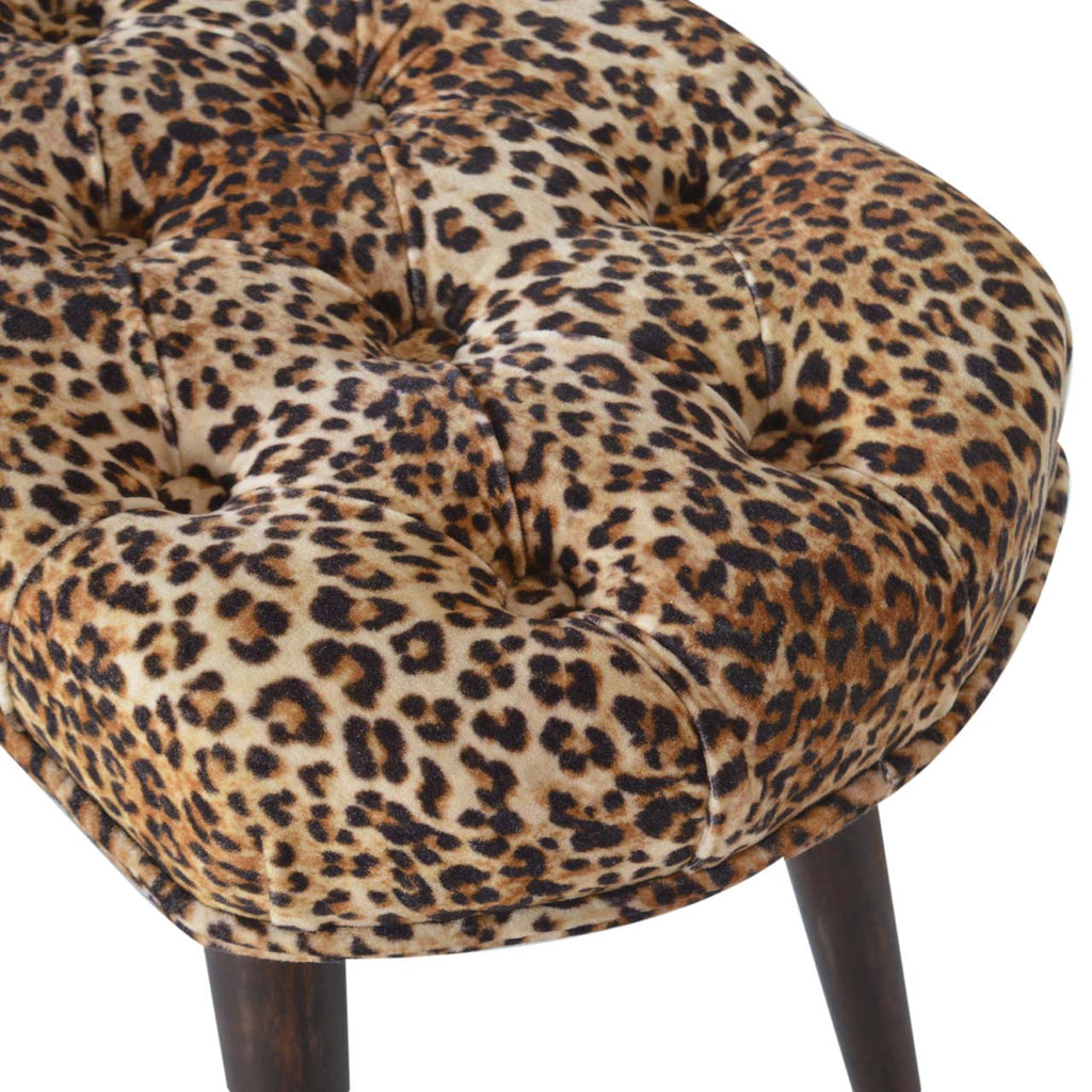 Leopard Print Velvet Bench with Walnut Mango Wood Legs — Deep-Button Bedroom Bench | Namur