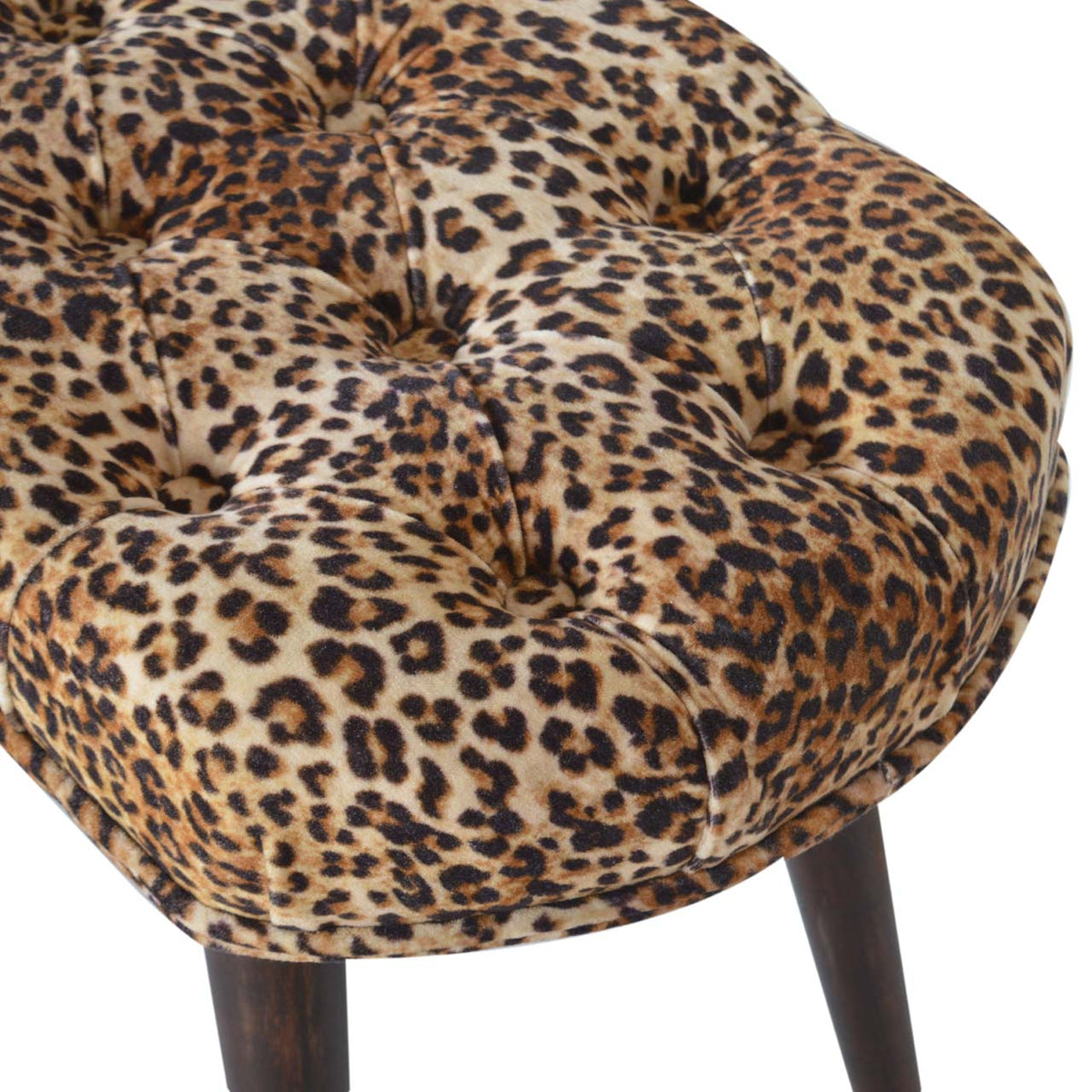 Leopard Print Velvet Bench with Walnut Mango Wood Legs — Deep-Button Bedroom Bench | Namur