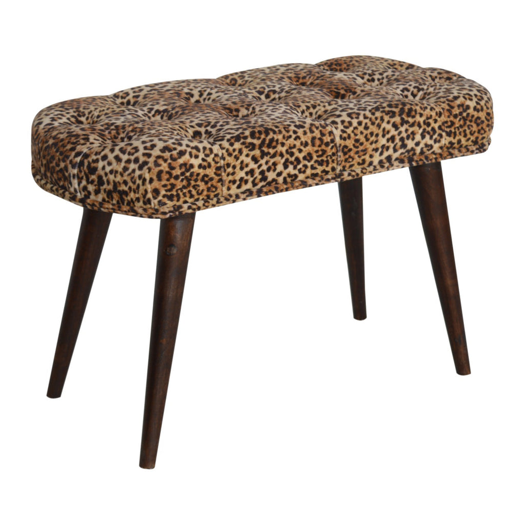 Leopard Print Velvet Bench with Walnut Mango Wood Legs — Deep-Button Bedroom Bench | Namur
