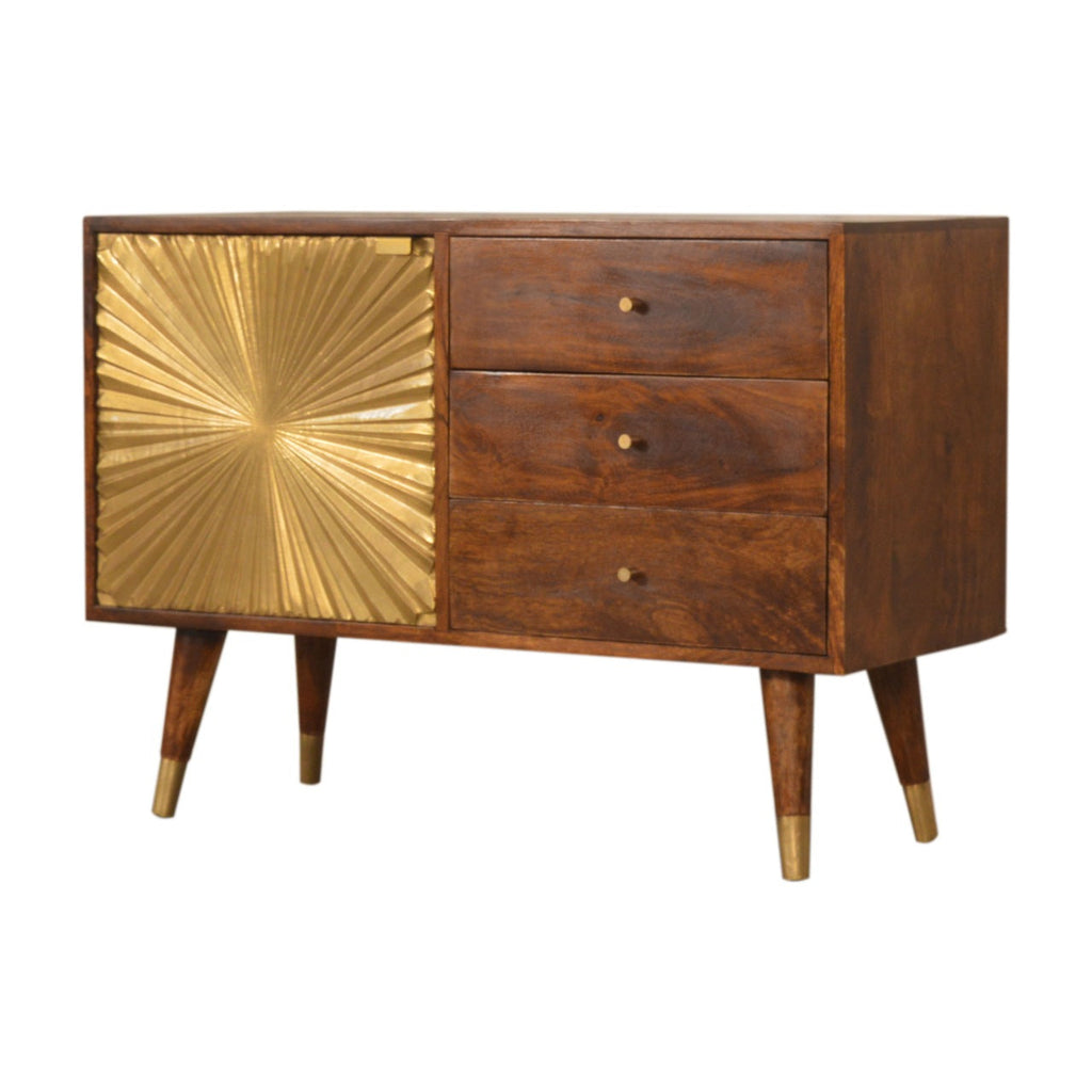 Chestnut Mango Wood 3-Drawer Sideboard — Brass-Plated Cabinet Front, Nordic Brass Cap Feet | Sever