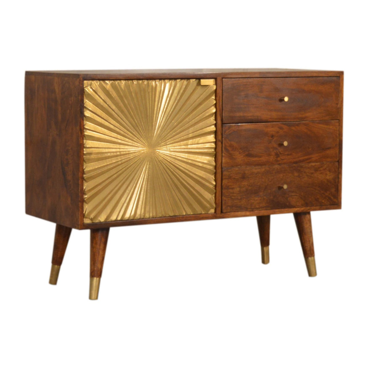 Chestnut Mango Wood 3-Drawer Sideboard — Brass-Plated Cabinet Front, Nordic Brass Cap Feet | Sever