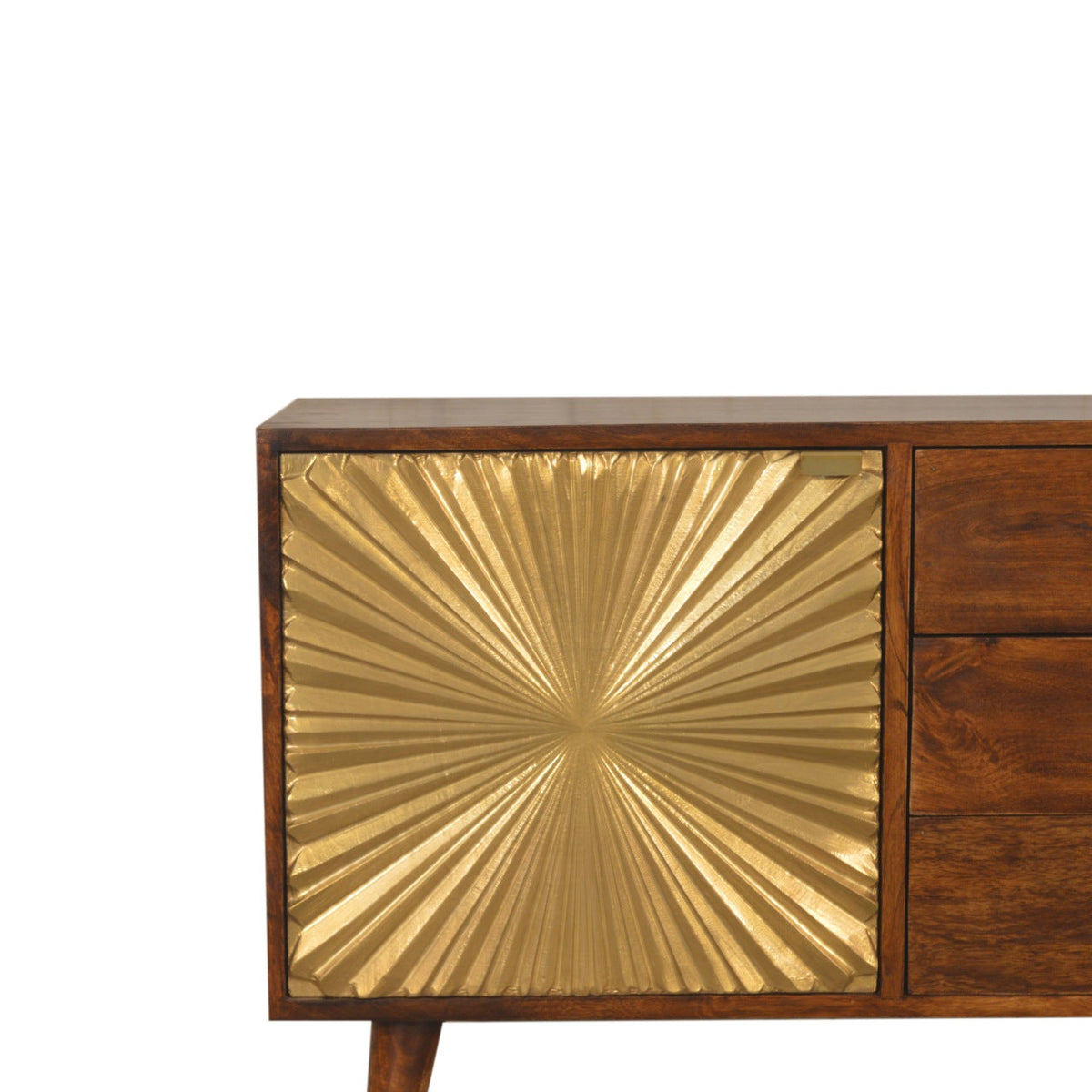 Chestnut Mango Wood 3-Drawer Sideboard — Brass-Plated Cabinet Front, Nordic Brass Cap Feet | Sever