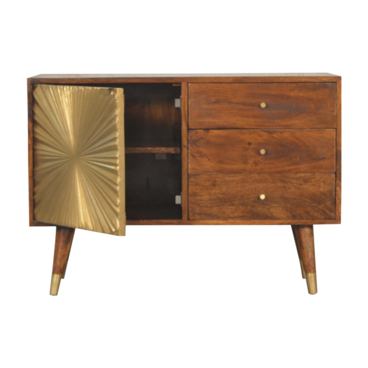 Chestnut Mango Wood 3-Drawer Sideboard — Brass-Plated Cabinet Front, Nordic Brass Cap Feet | Sever