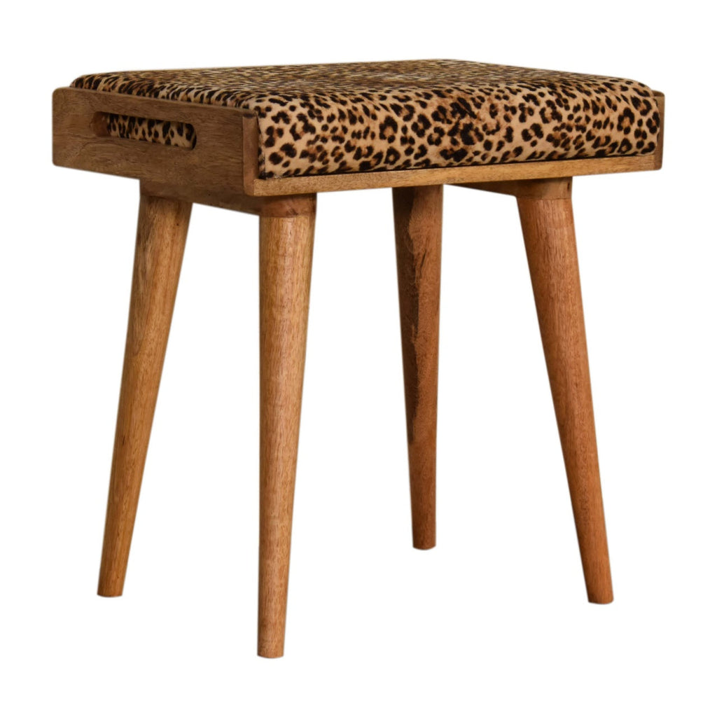 Mango Wood Footstool with Leopard Print Upholstered Top — Tray Style Ottoman, Nordic Legs | Gascony