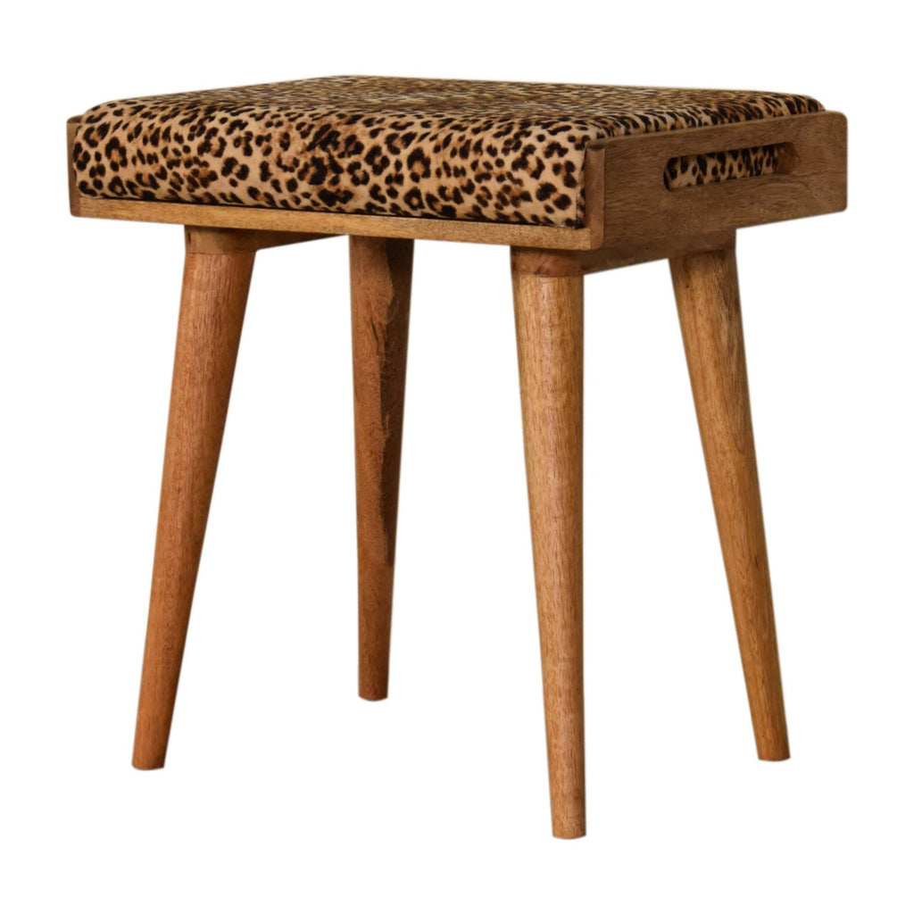 Mango Wood Footstool with Leopard Print Upholstered Top — Tray Style Ottoman, Nordic Legs | Gascony