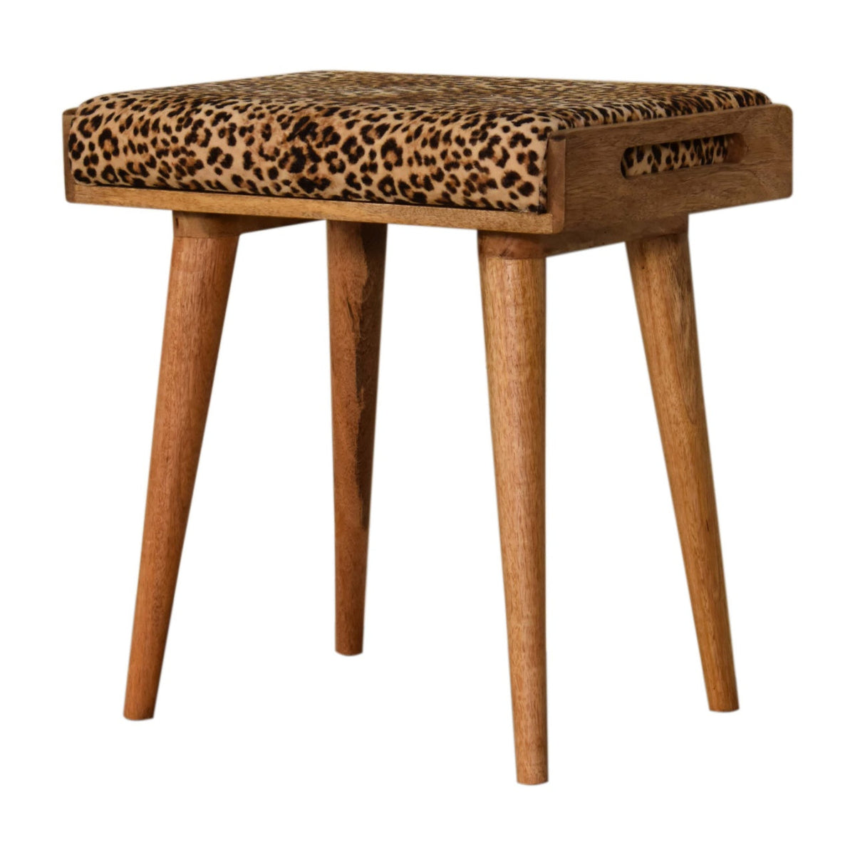 Mango Wood Footstool with Leopard Print Upholstered Top — Tray Style Ottoman, Nordic Legs | Gascony