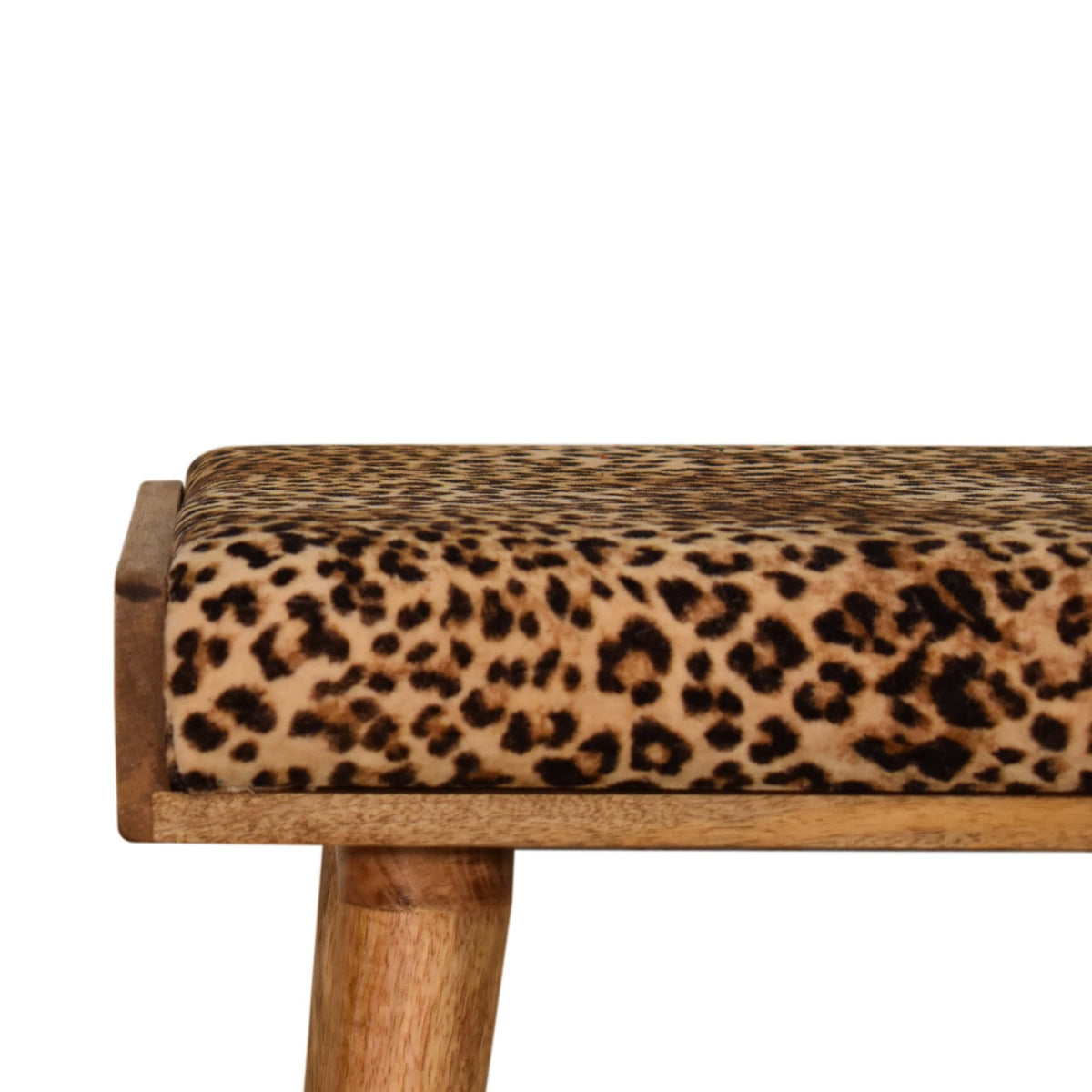 Mango Wood Footstool with Leopard Print Upholstered Top — Tray Style Ottoman, Nordic Legs | Gascony