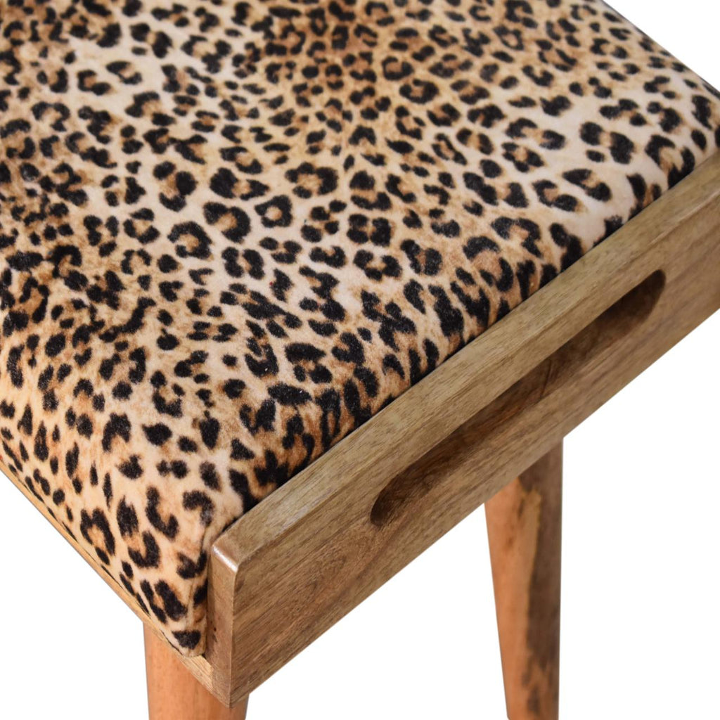 Mango Wood Footstool with Leopard Print Upholstered Top — Tray Style Ottoman, Nordic Legs | Gascony