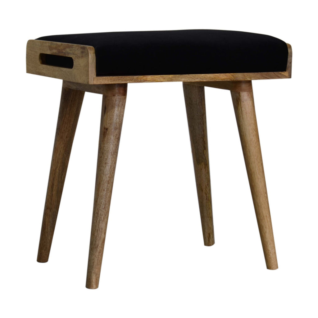Black Velvet Upholstered Footstool — Tray-Style Ottoman with Oak Finish Nordic Legs | Bruges