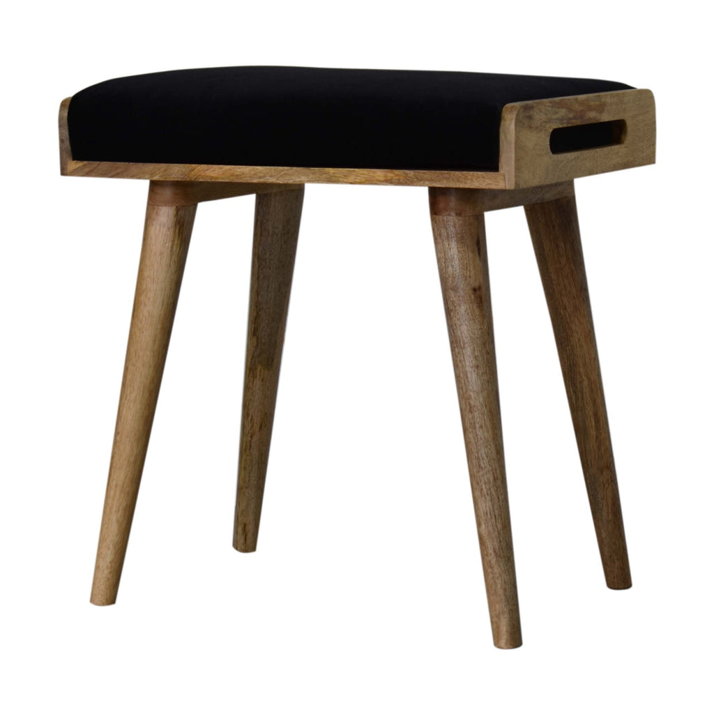 Black Velvet Upholstered Footstool — Tray-Style Ottoman with Oak Finish Nordic Legs | Bruges