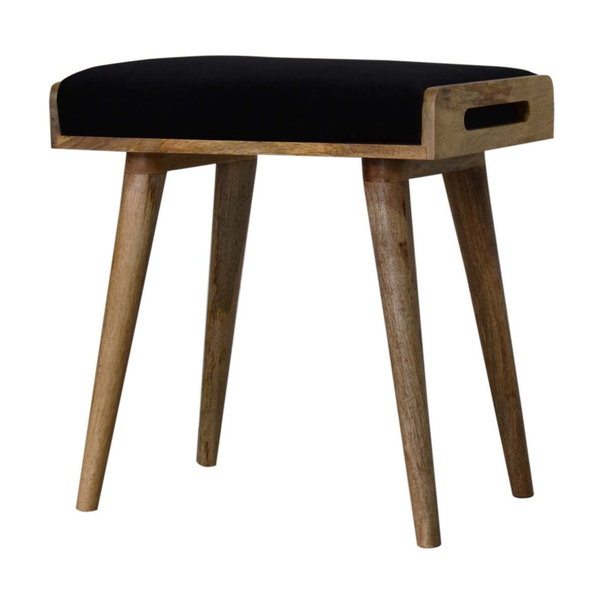 Black Velvet Upholstered Footstool — Tray-Style Ottoman with Oak Finish Nordic Legs | Bruges
