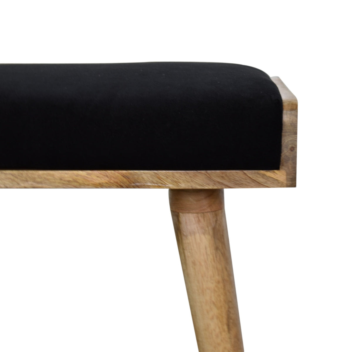 Black Velvet Upholstered Footstool — Tray-Style Ottoman with Oak Finish Nordic Legs | Bruges