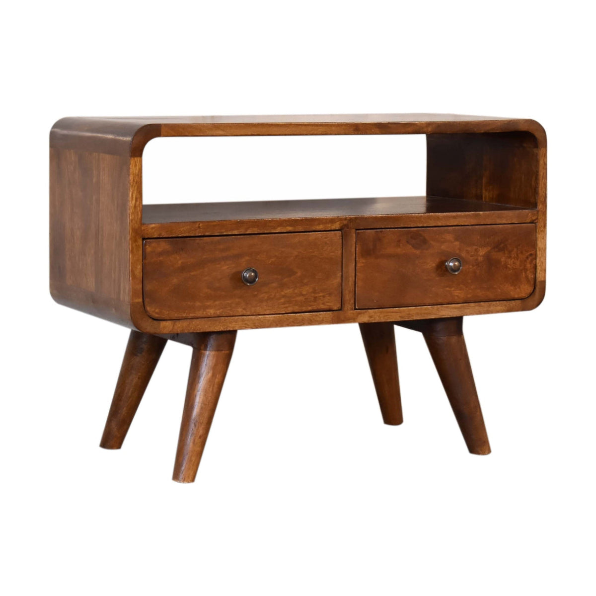 Chestnut Mango Wood 2-Drawer Media Console — Curved Edge TV Stand, Open Shelf | Margaux
