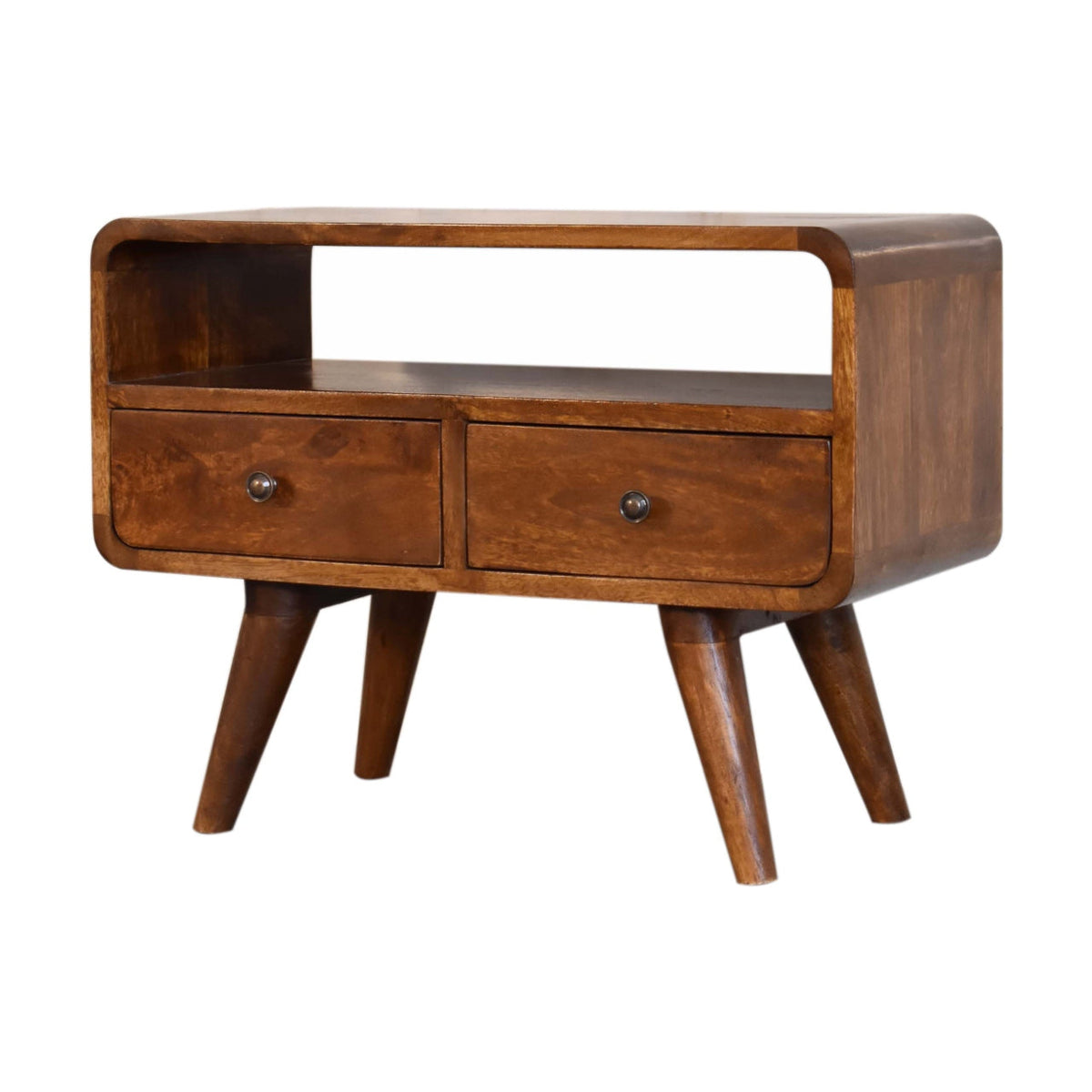 Chestnut Mango Wood 2-Drawer Media Console — Curved Edge TV Stand, Open Shelf | Margaux