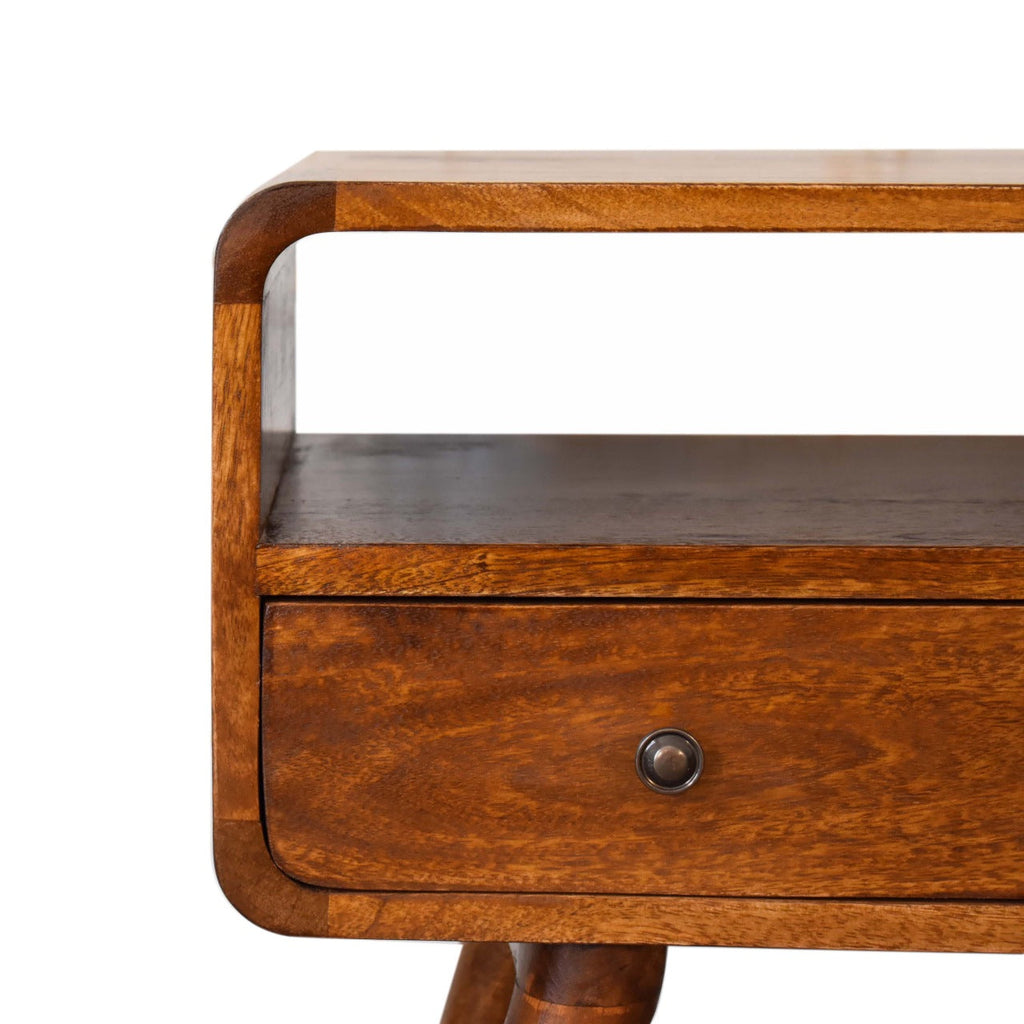 Chestnut Mango Wood 2-Drawer Media Console — Curved Edge TV Stand, Open Shelf | Margaux