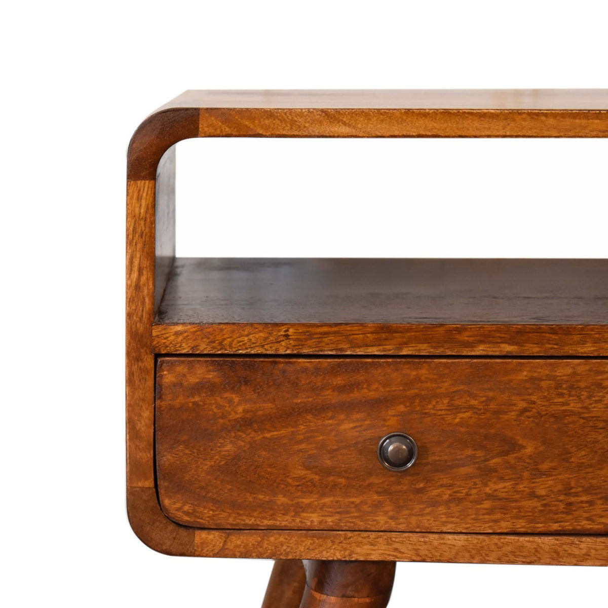 Chestnut Mango Wood 2-Drawer Media Console — Curved Edge TV Stand, Open Shelf | Margaux