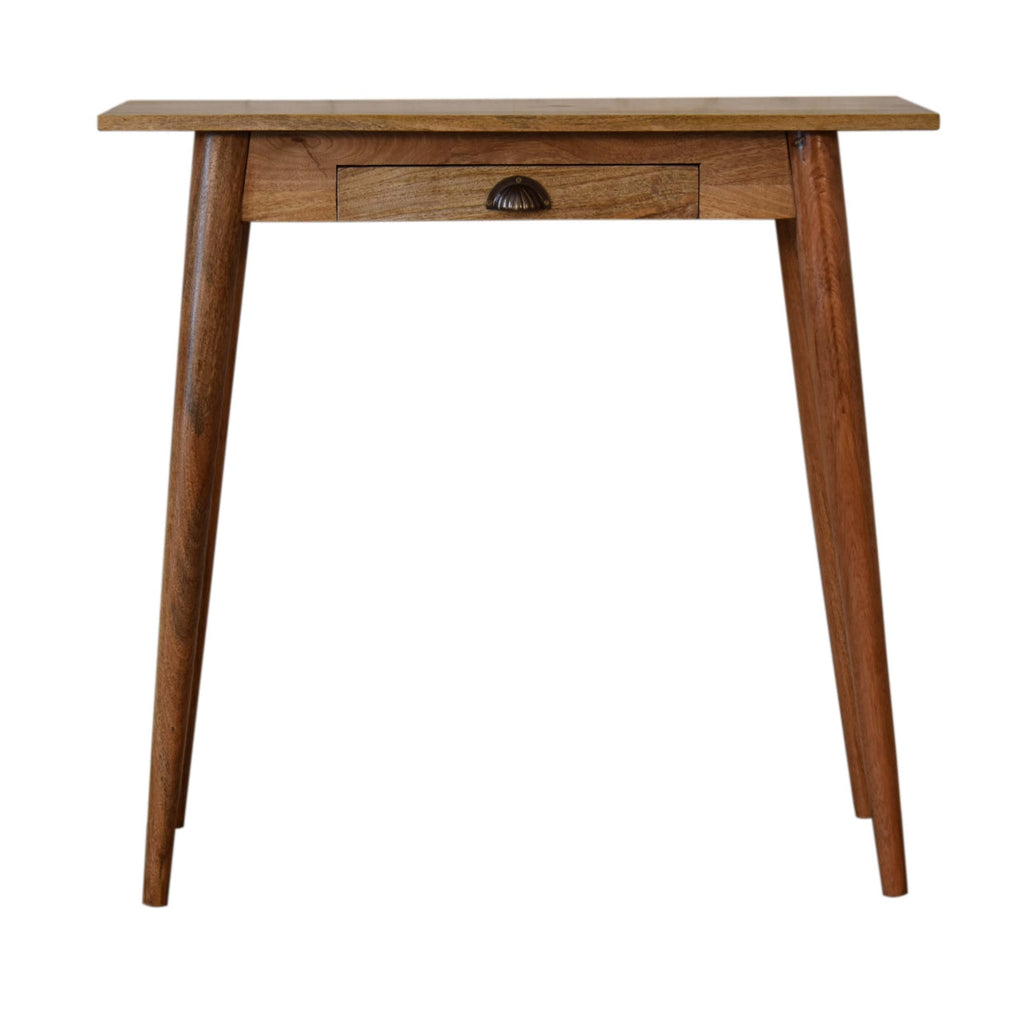 Oak Finish Mango Wood 1-Drawer Writing Desk — Compact Nordic Legs, Brass Shell Handle | Celestine