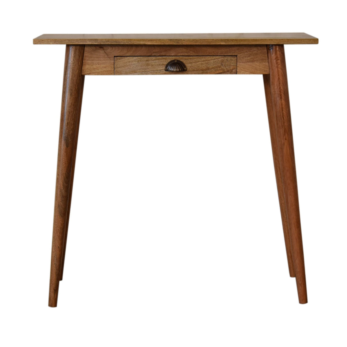 Oak Finish Mango Wood 1-Drawer Writing Desk — Compact Nordic Legs, Brass Shell Handle | Celestine