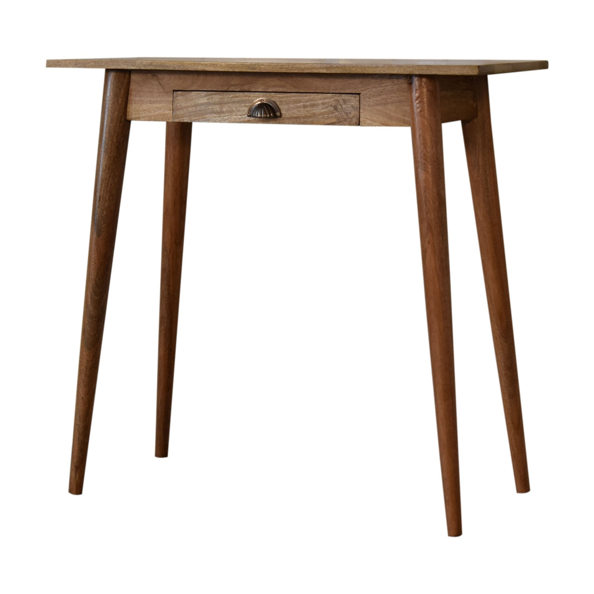 Oak Finish Mango Wood 1-Drawer Writing Desk — Compact Nordic Legs, Brass Shell Handle | Celestine