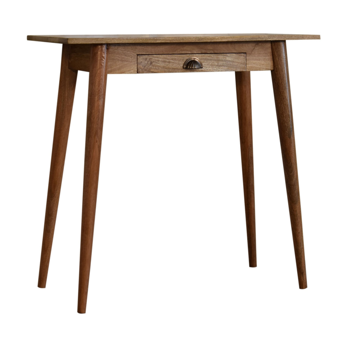 Oak Finish Mango Wood 1-Drawer Writing Desk — Compact Nordic Legs, Brass Shell Handle | Celestine