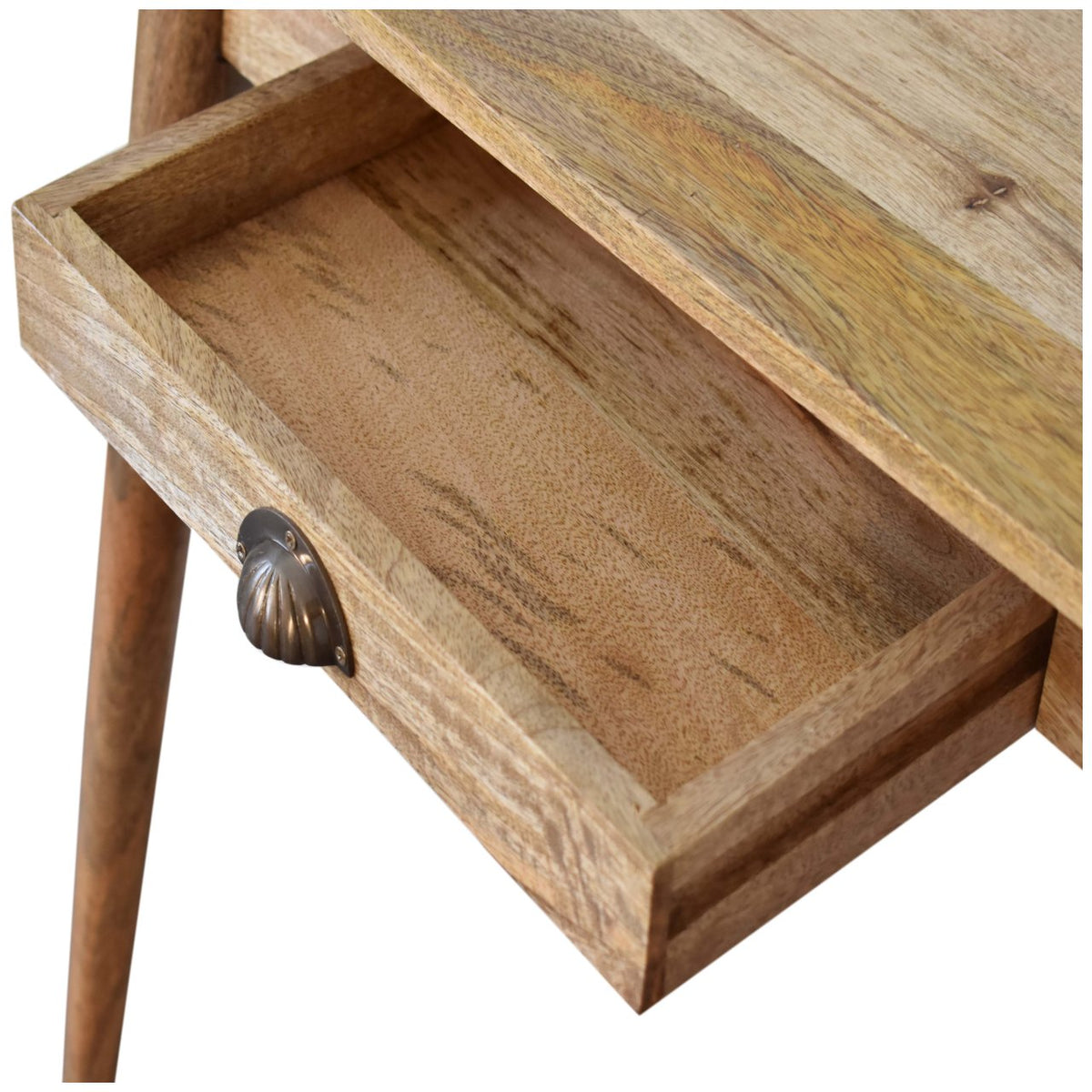 Oak Finish Mango Wood 1-Drawer Writing Desk — Compact Nordic Legs, Brass Shell Handle | Celestine