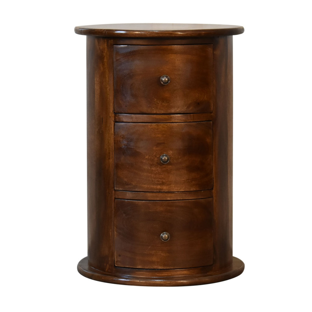 Chestnut Mango Wood 3-Drawer Drum Chest — Round Cylindrical Side Table, Knob Handles | Rocroi