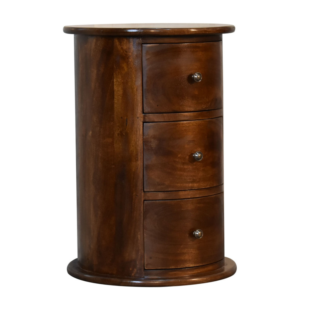Chestnut Mango Wood 3-Drawer Drum Chest — Round Cylindrical Side Table, Knob Handles | Rocroi