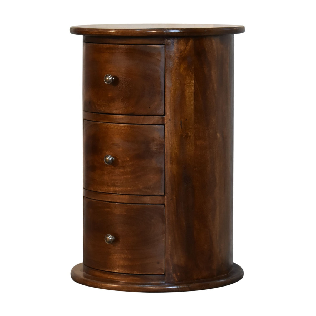 Chestnut Mango Wood 3-Drawer Drum Chest — Round Cylindrical Side Table, Knob Handles | Rocroi