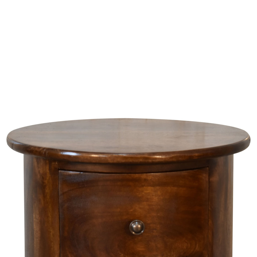 Chestnut Mango Wood 3-Drawer Drum Chest — Round Cylindrical Side Table, Knob Handles | Rocroi